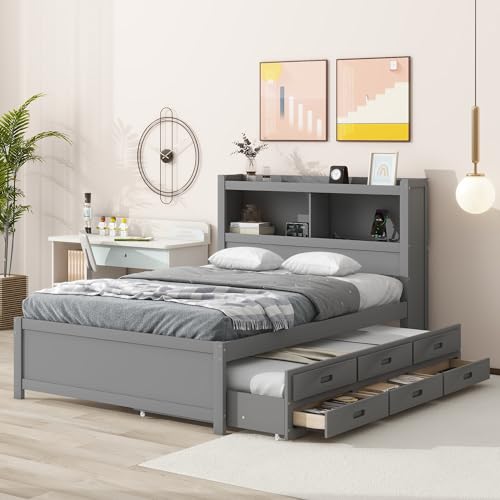 White Full Size Wood Storage Bed with Bookcase Headboard and Trundle C21809
