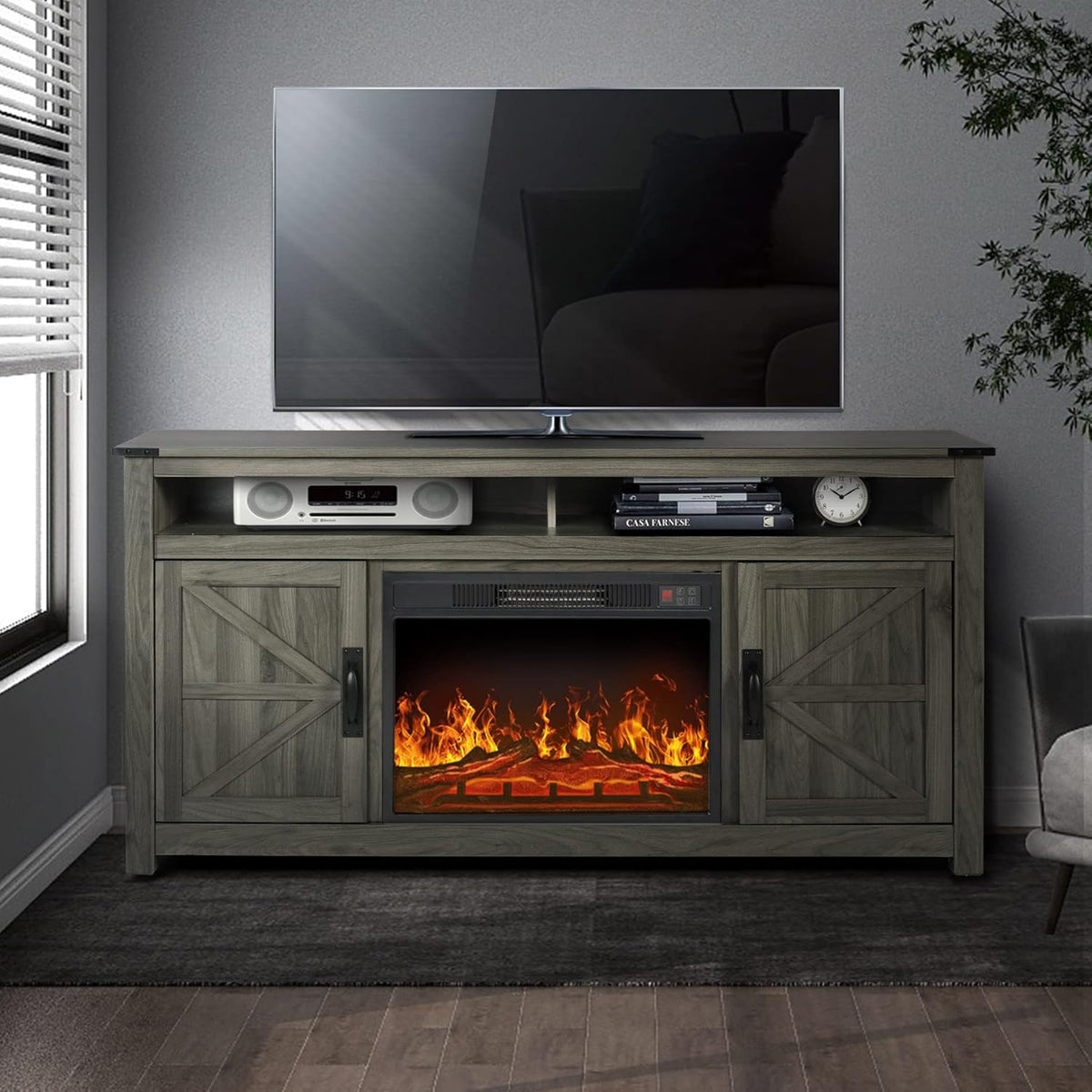 Farmhouse Barn Door TV Stand with 2 Storage Cabinets and Open Shelves S965