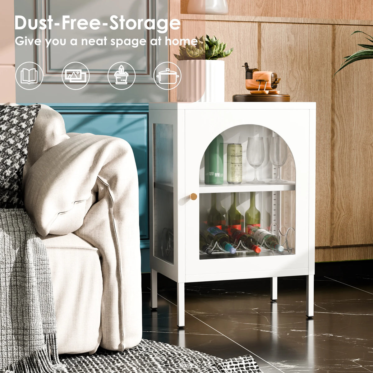 White Metal Buffet Storage Cabinet with Glass Doors F5145