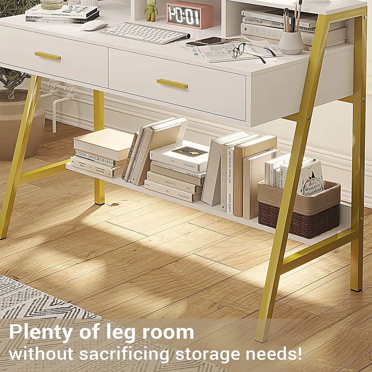 White and Gold Computer Desk with Drawers and Monitor Stand C842455