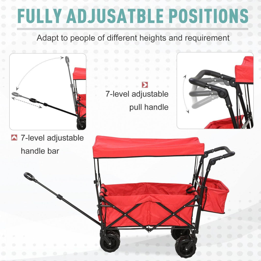Red Collapsible Garden Utility Cart Wagon with Adjustable Handle, Canopy & All-Terrain Wheels O413