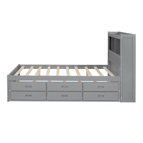 White Full Size Wood Storage Bed with Bookcase Headboard and Trundle C21809