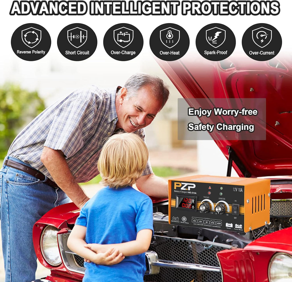 12V 0-10A Automatic Battery Charger and Maintainer with SAE Adapters, Battery Clamps and O-Ring Connectors M87258