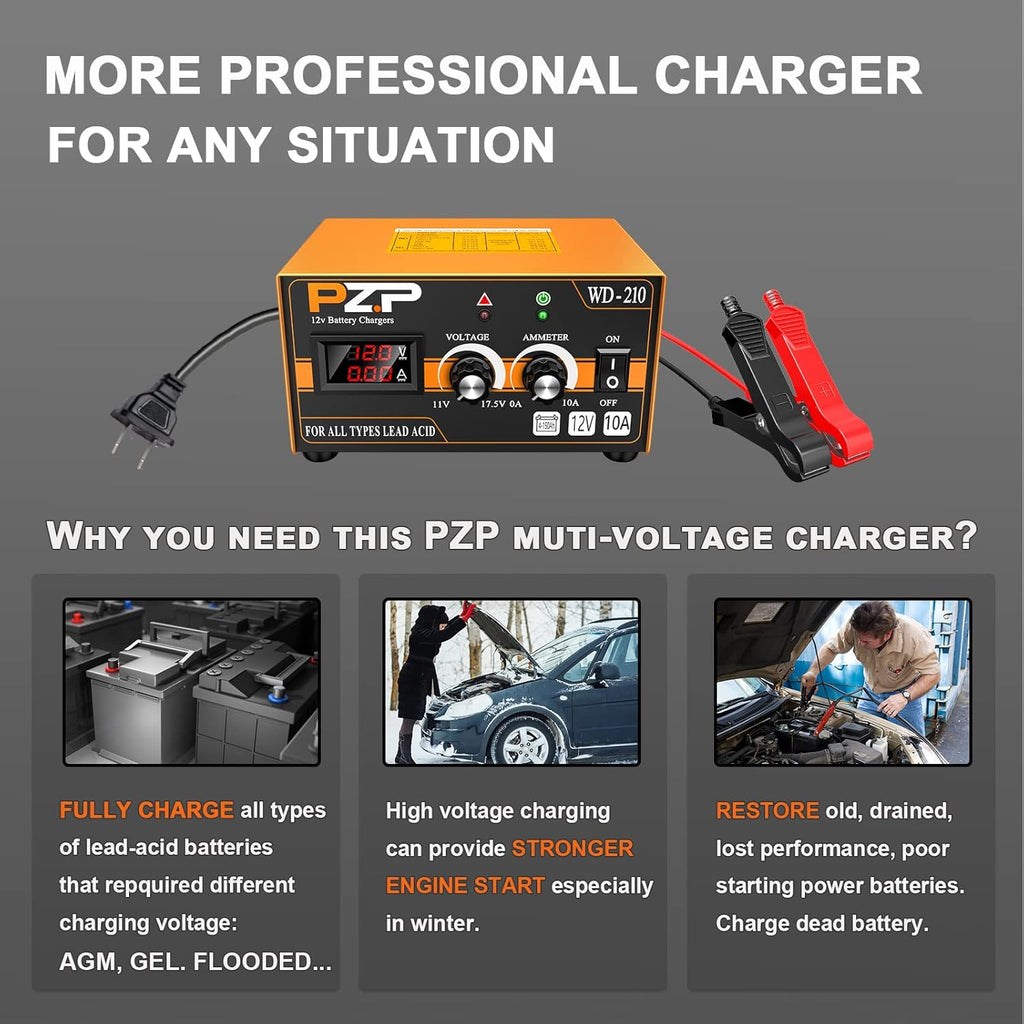 12V 0-10A Automatic Battery Charger and Maintainer with SAE Adapters, Battery Clamps and O-Ring Connectors M87258