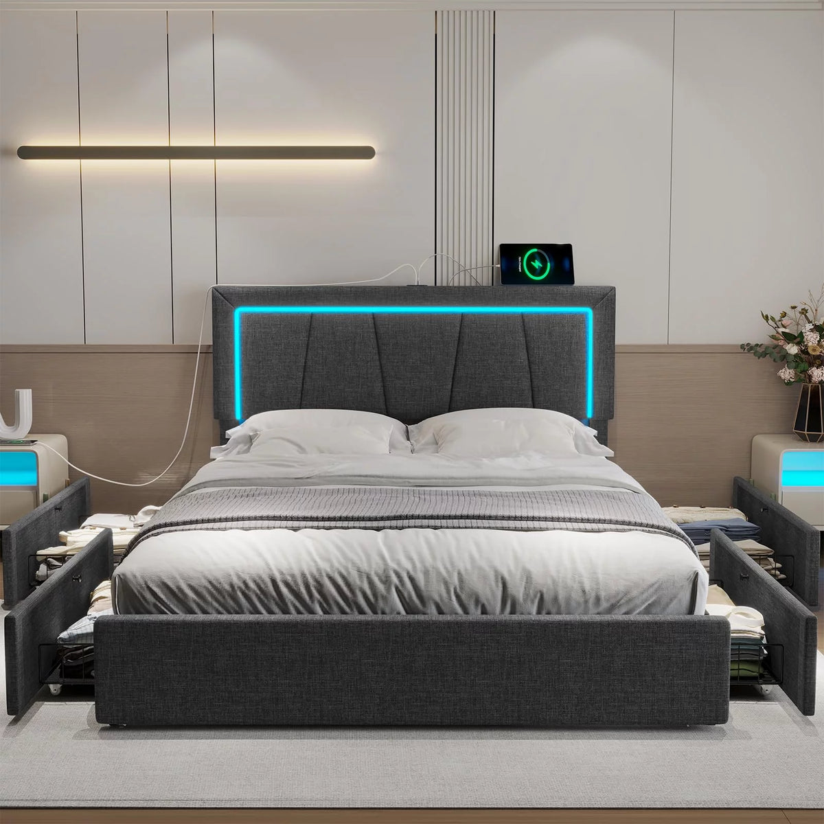 Dark Grey Queen Size Upholstered Platform Bed with 4 Storage Drawers E69959
