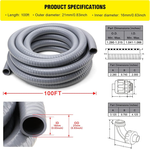 1/2inch 100ft Flexible Non Metallic Liquid Tight Electrical Conduit Kit with Straight and Angle Fittings F2985