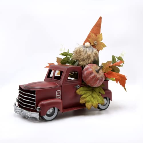 Vintage Turquoise Metal Truck with Gnomes Pumpkin Maple Leaf Farmhouse Table Top Fall Decor, 12 inch N776