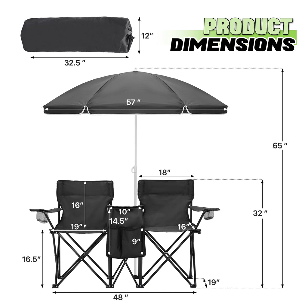 Portable Double Folding Chair with Umbrella, Cooler Bag & Carry Bag, Black J108002