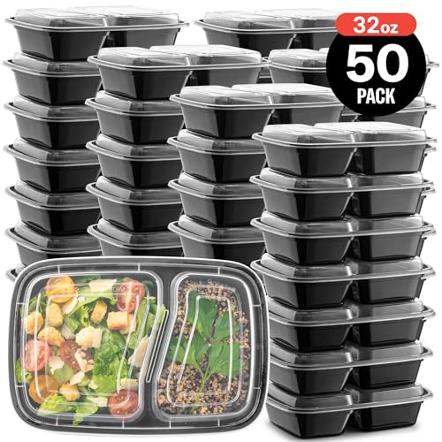 50-Pack 32 oz 2 Compartment Reusable BPA Free Plastic Food Storage Containers with Lids C493288