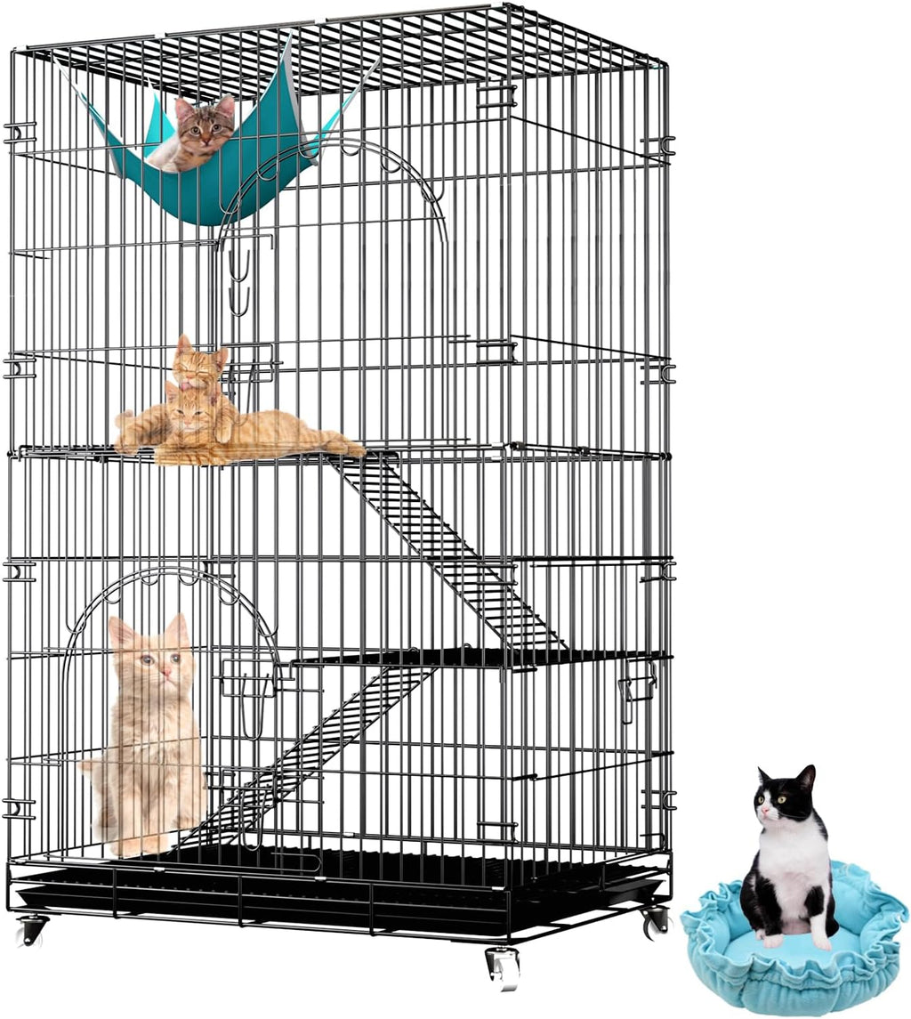 46 inch 3-Tier Folding Metal Wire Cat Cage with Wheels Shelves Ladders Tray F42240