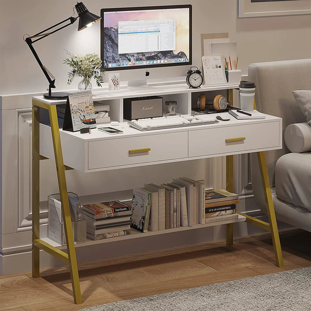White and Gold Computer Desk with Drawers and Monitor Stand C842455