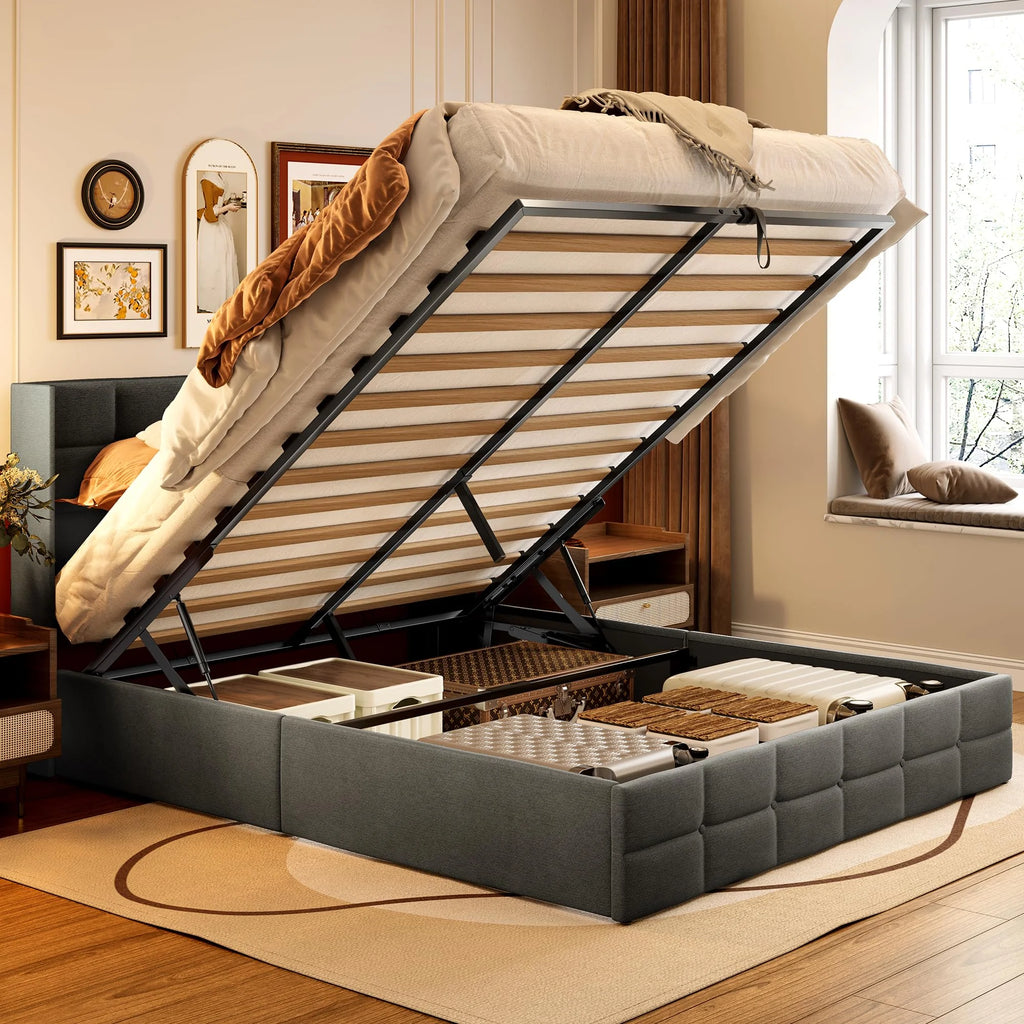 Beige Full Size Hydraulic Storage Bed Frame with Wingback Headboard H88660