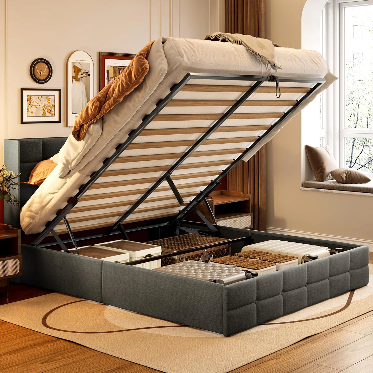Beige Full Size Hydraulic Storage Bed Frame with Wingback Headboard H88660