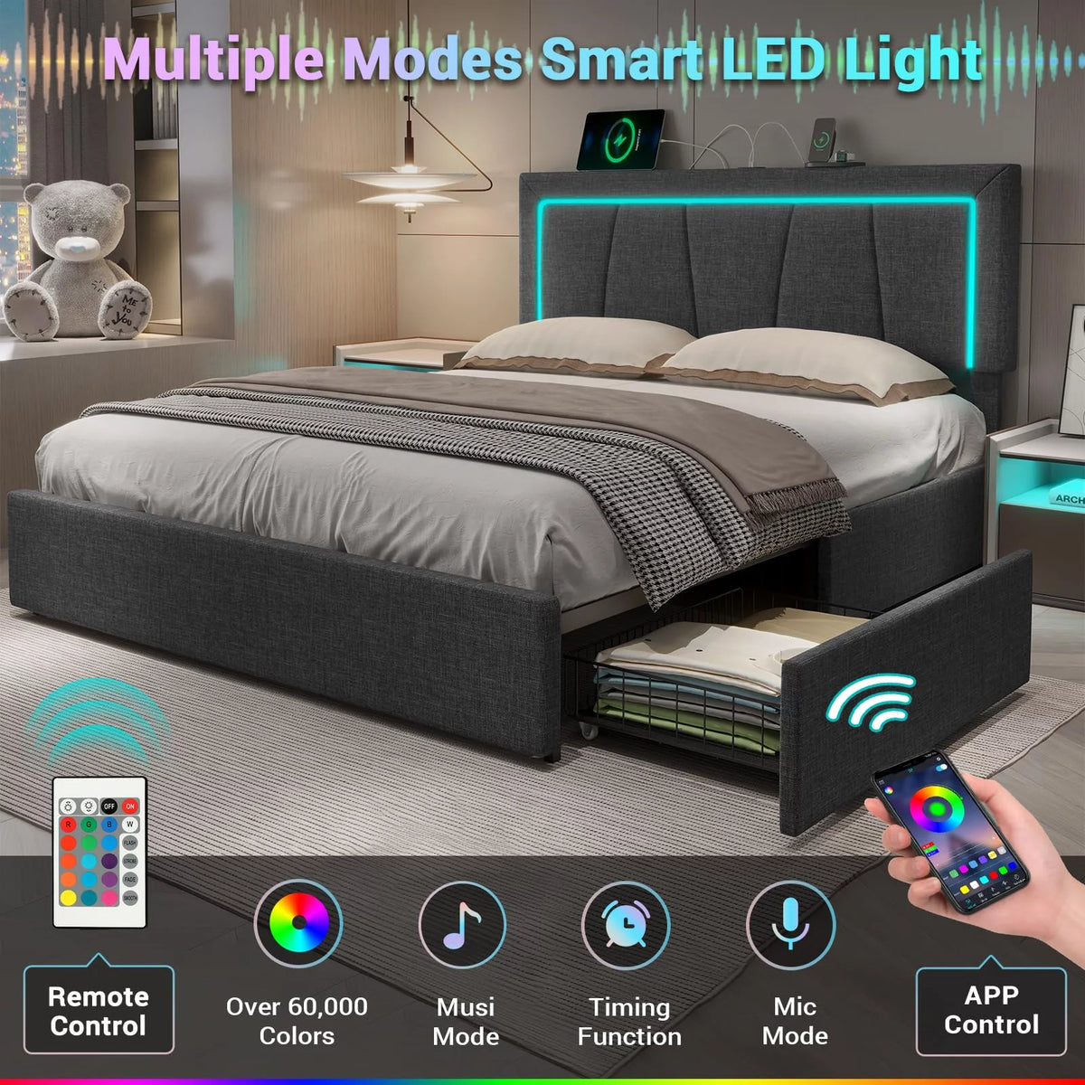 Dark Grey Queen Size Upholstered Platform Bed with 4 Storage Drawers E69959
