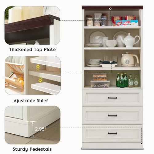 Antique White Tall Storage Cabinet with 3 Drawers and Adjustable Shelves H17298