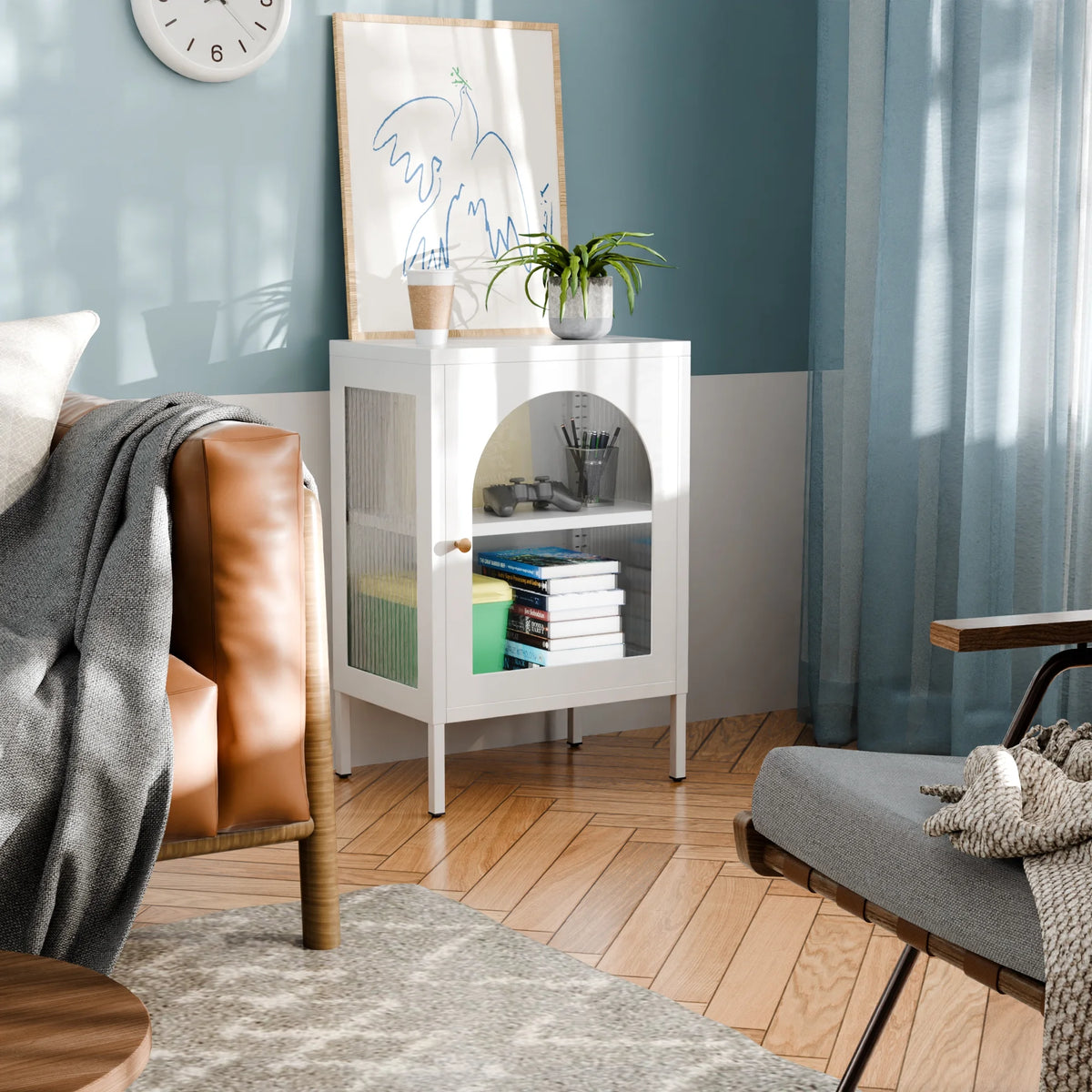White Metal Buffet Storage Cabinet with Glass Doors F5145