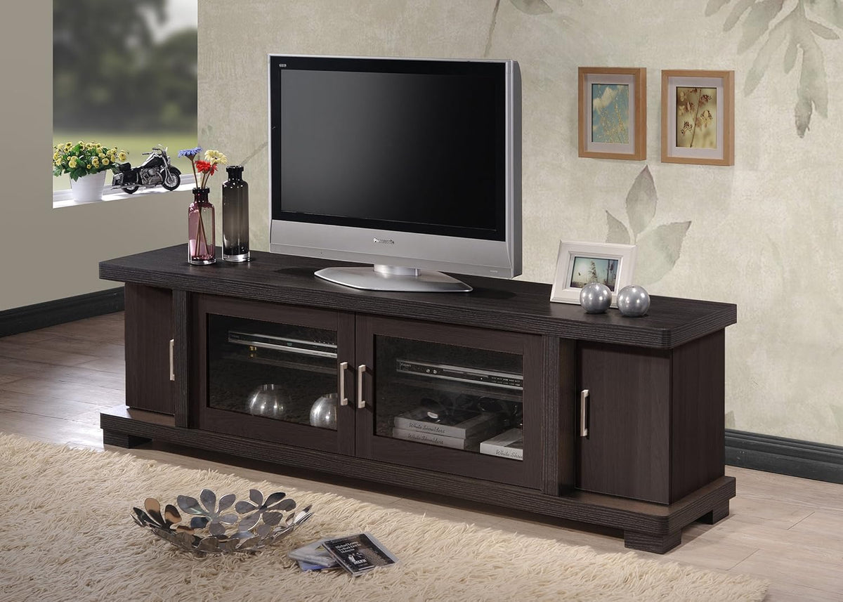 Dark Brown Wood TV Cabinet with 2 Glass Doors R4206