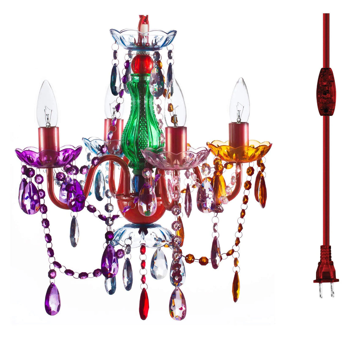 4 Light Multicolor Hanging Swag Chandelier Red Metal Green Glass F3282