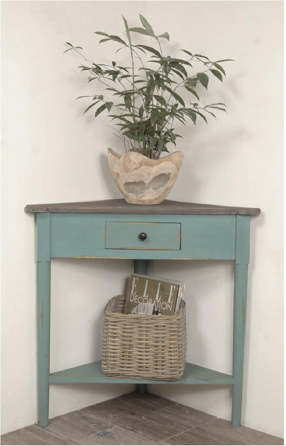 Distressed Beach Blue and Brown Triangular Corner Table with Drawer B6318