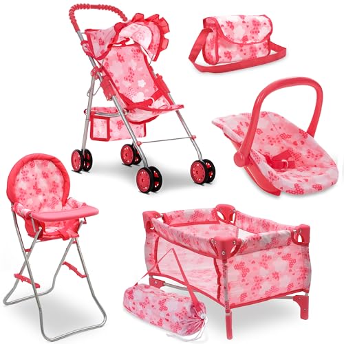 Baby Doll Stroller Bed and Seat Nursery Playset Accessories Furniture Set High Chair Diaper Bag Role Play Deluxe Set I93756