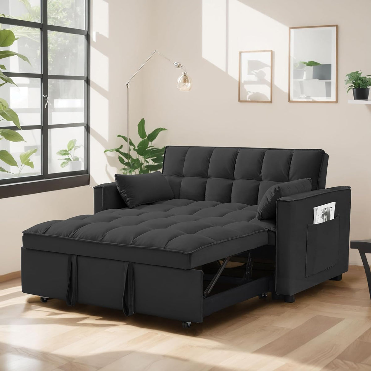 Black Velvet Convertible Sleeper Sofa Couch Bed with 2 Pillows E821304