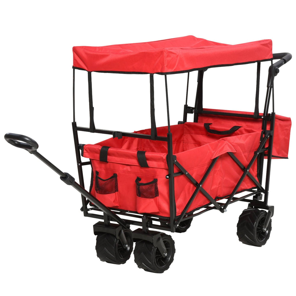 Red Collapsible Garden Utility Cart Wagon with Adjustable Handle, Canopy & All-Terrain Wheels O413