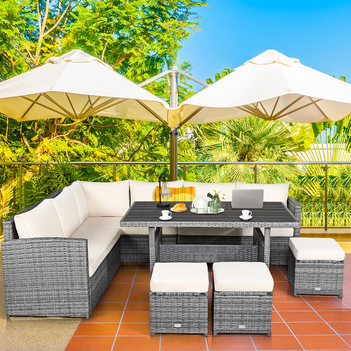 7 Pcs Patio Rattan Dining Set Sectional Sofa Couch Ottoman Black Z49626