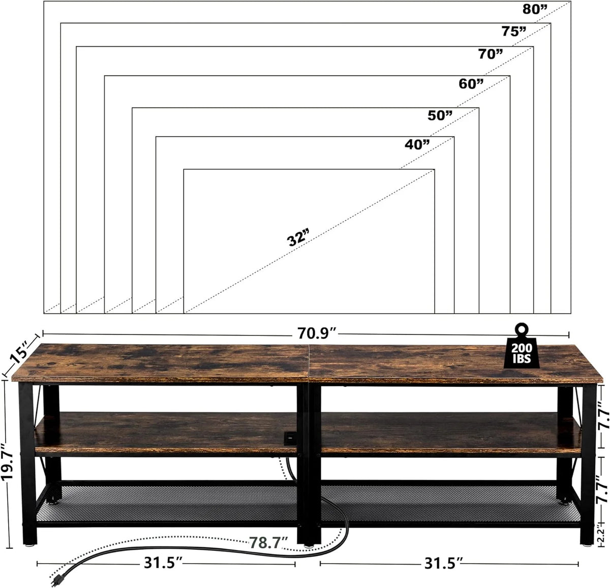 Brown 71 inch Metal TV Stand with LED Lights and Power Outlets R61257