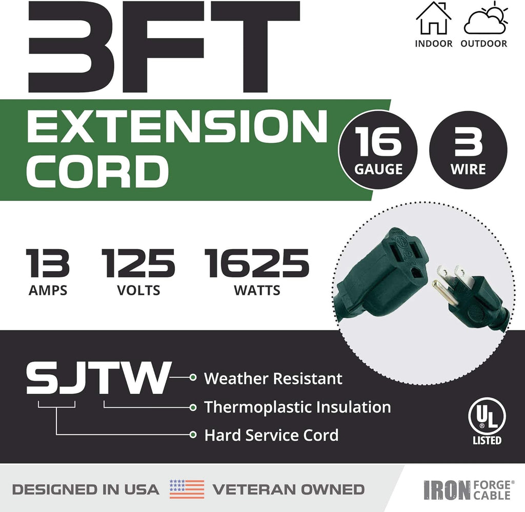 2 Pack 50 Foot Outdoor Extension Cords, 16/3 SJTW Green Cable with 3 Prong Grounded Plug U864