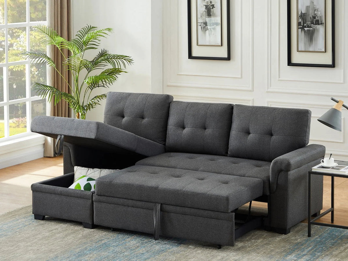 Linen Reversible Sleeper Sectional Sofa with Storage Chaise Dark Gray W8615