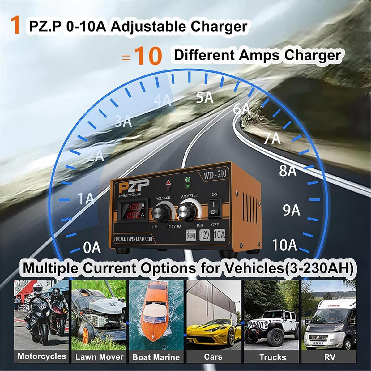 12V 0-10A Automatic Battery Charger and Maintainer with SAE Adapters, Battery Clamps and O-Ring Connectors M87258