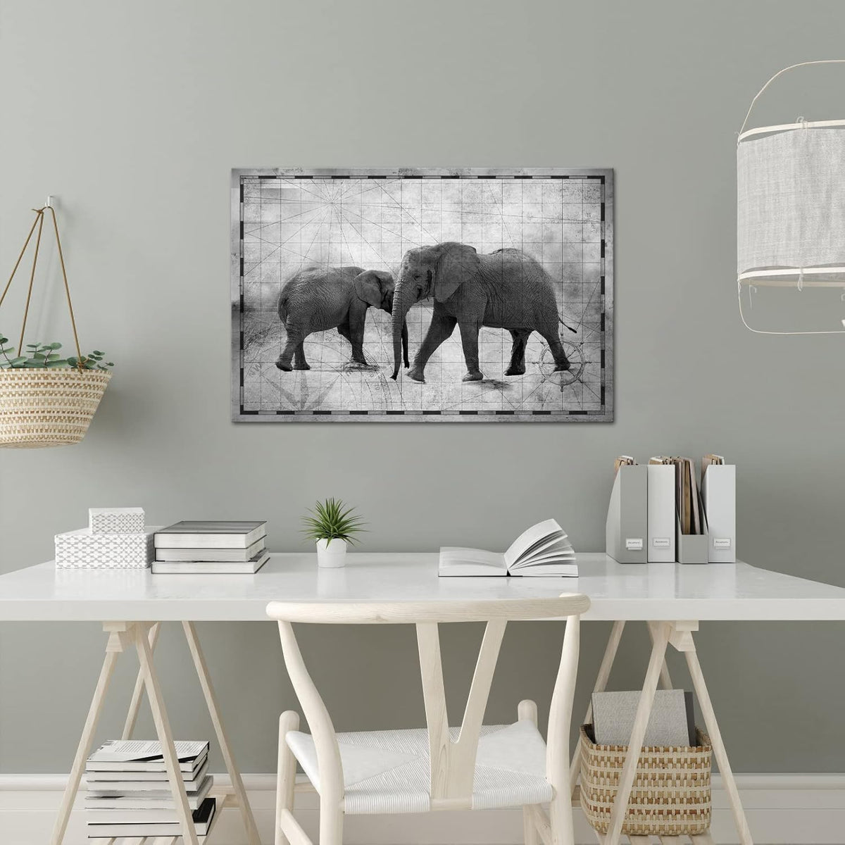 Vintage African Animals Wall Art Elephant Print on Nautical Map Canvas Picture Framed A880338