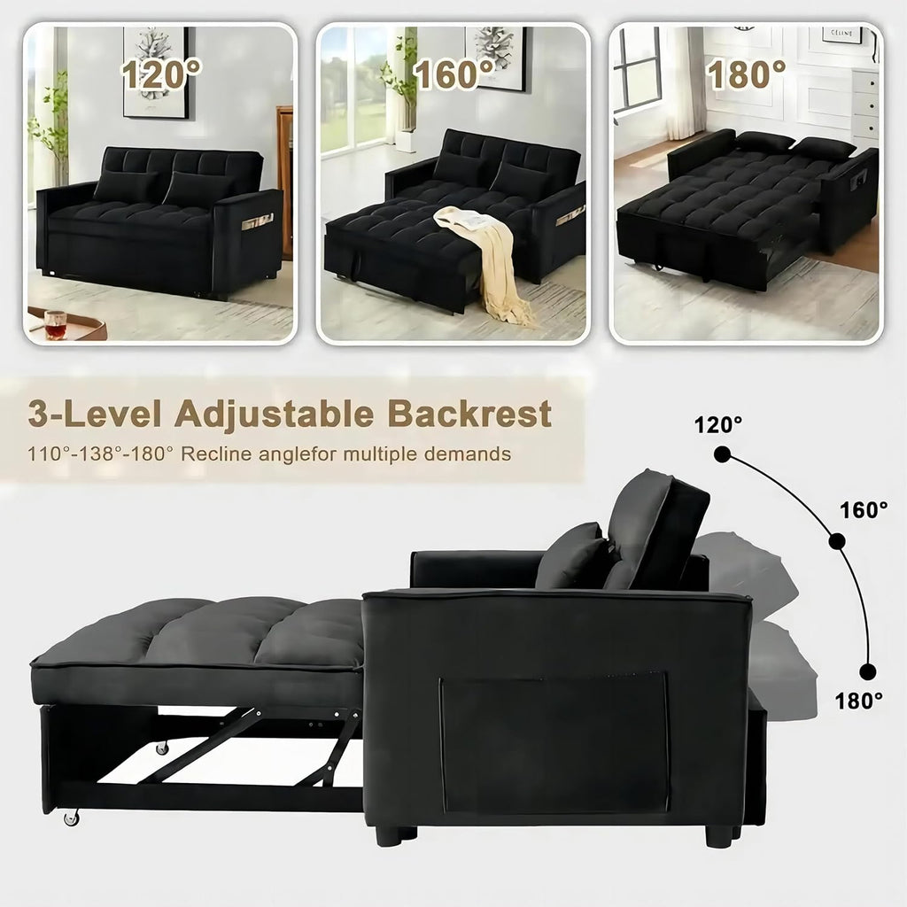 Black Velvet Convertible Sleeper Sofa Couch Bed with 2 Pillows E821304