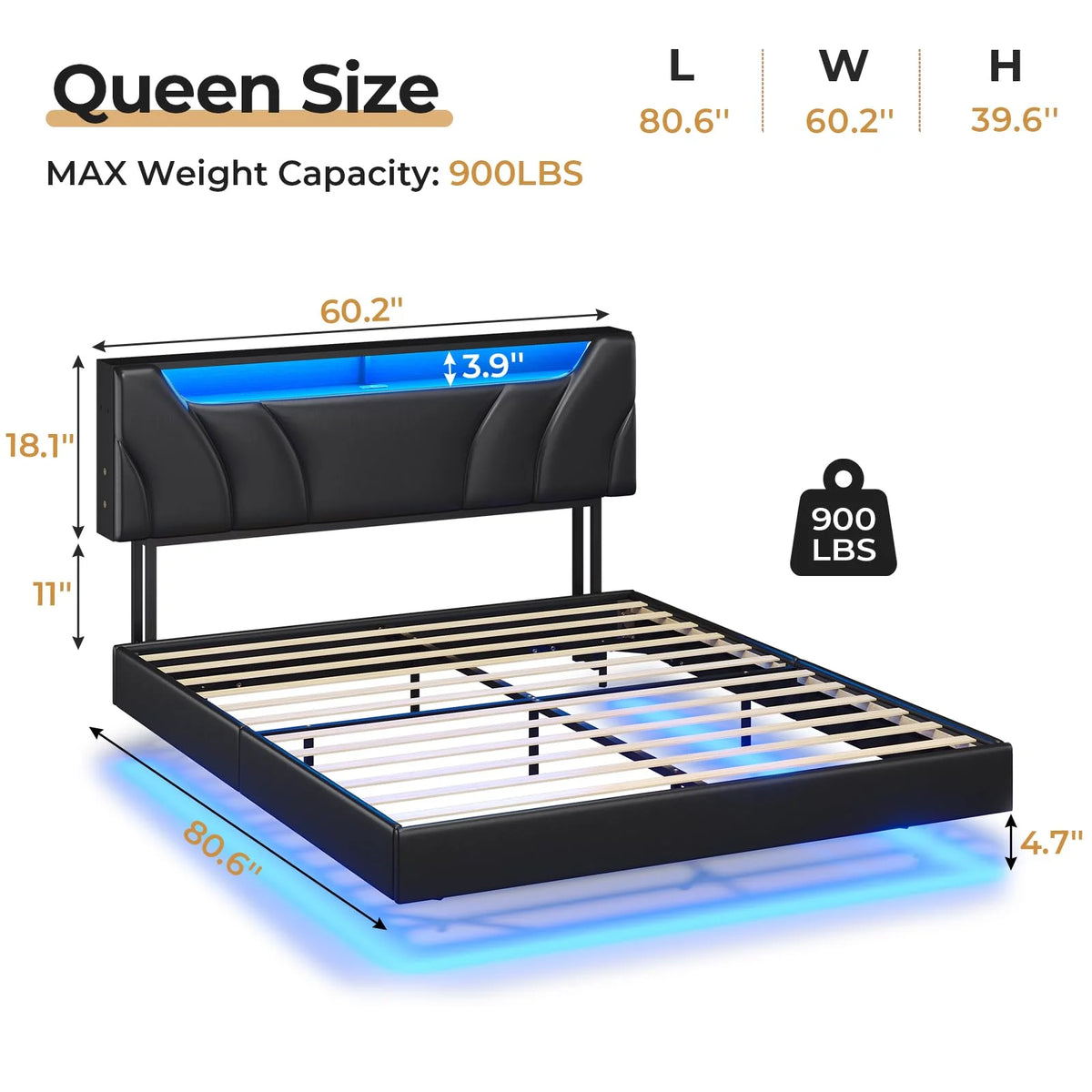 Queen Size Black Upholstered Platform Bed with Storage Headboard X92315