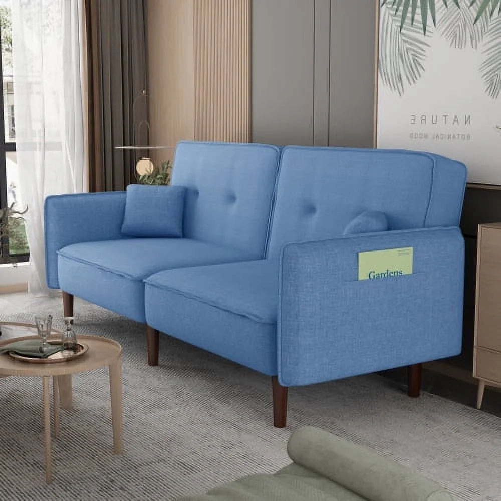 Blue Fabric Futon Sofa Bed with Solid Wood Leg U87350