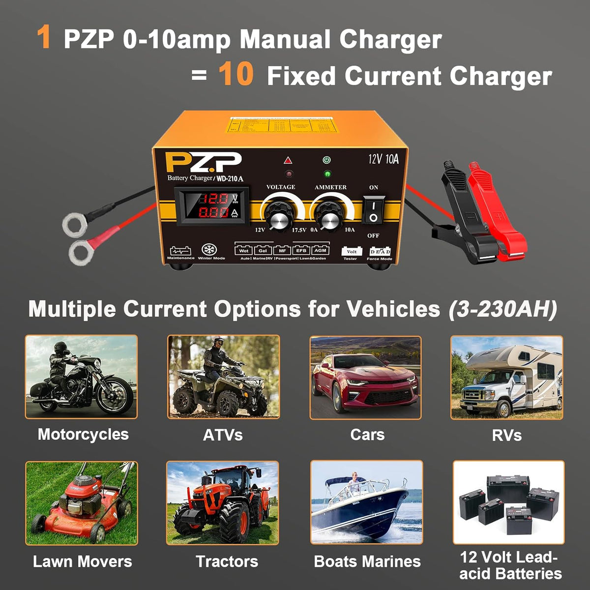 12V 0-10A Automatic Battery Charger and Maintainer with SAE Adapters, Battery Clamps and O-Ring Connectors M87258