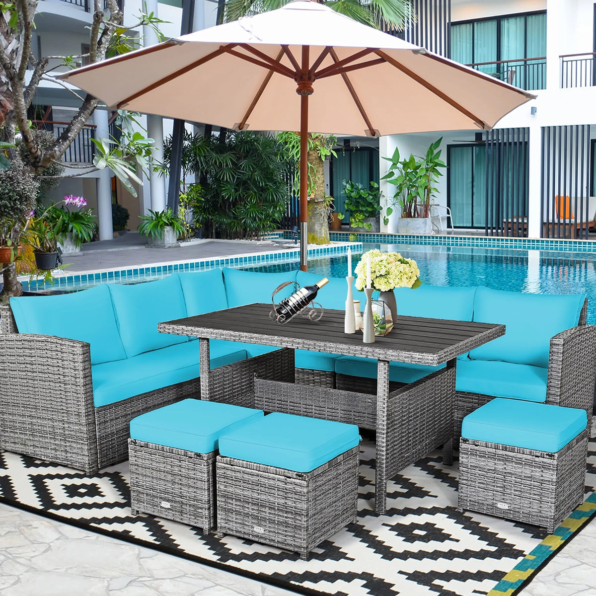 7 Pcs Patio Rattan Dining Set Sectional Sofa Couch Ottoman Black Z49626