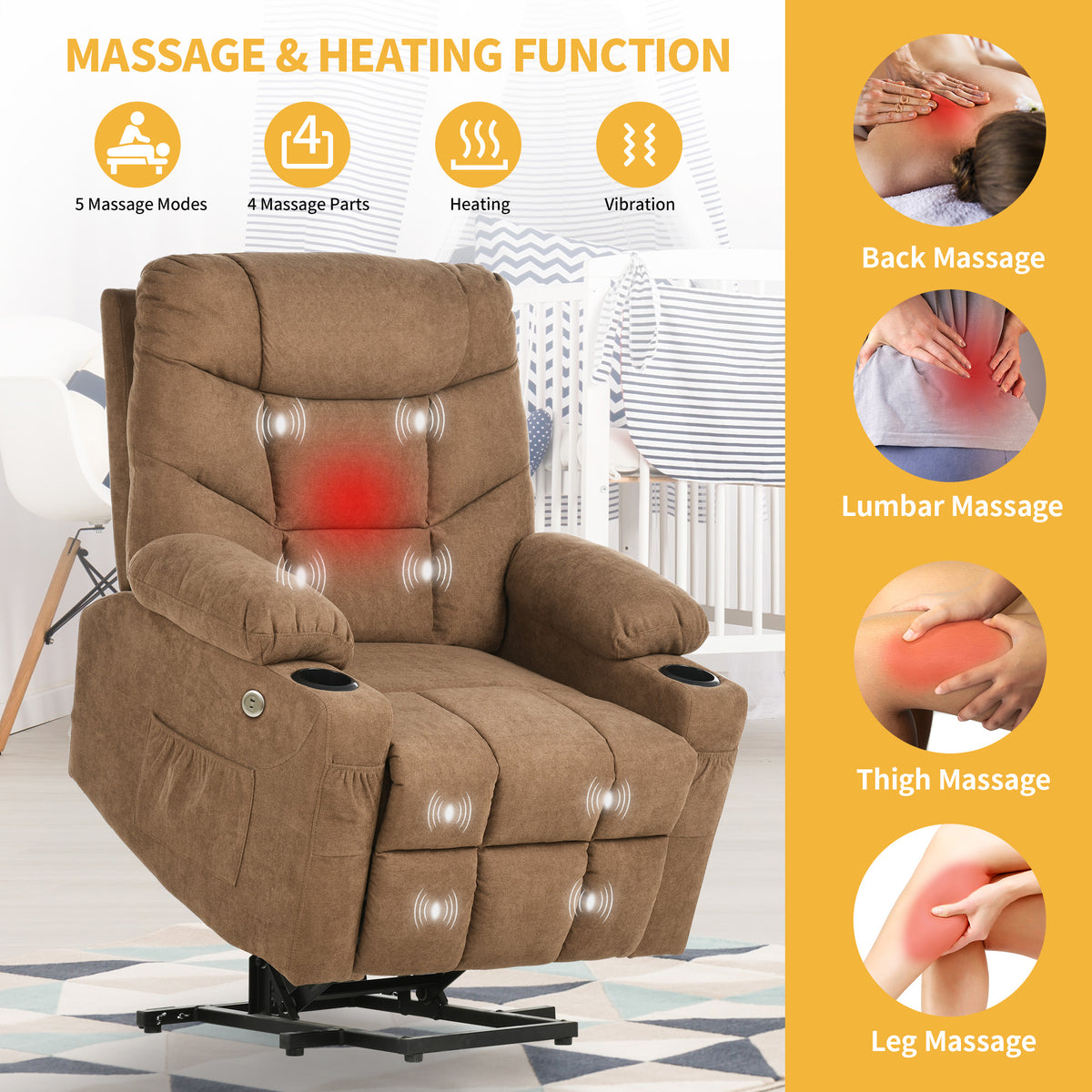 Brown Fabric Power Lift Recliner Chair with Massage and Heat Q79541