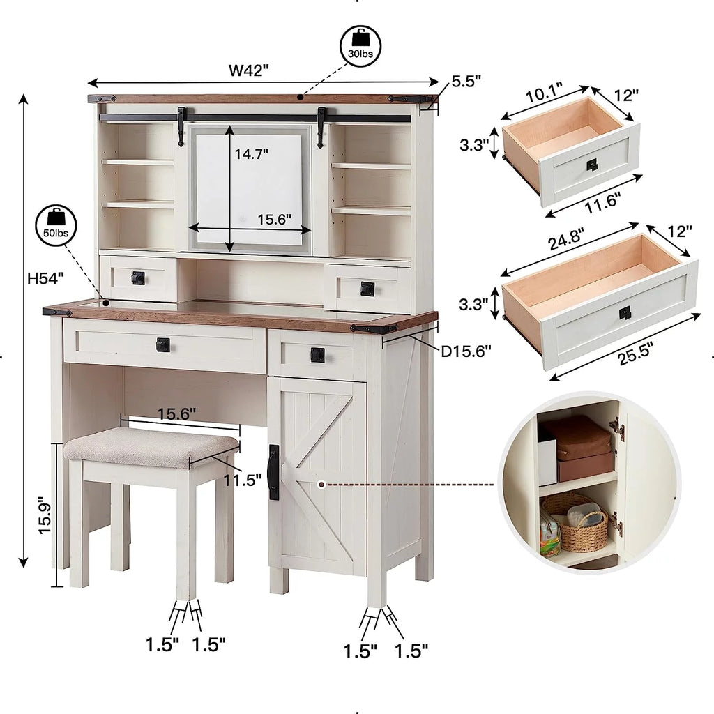 White Vanity Set with Sliding Lighted Mirror and Stool I73177