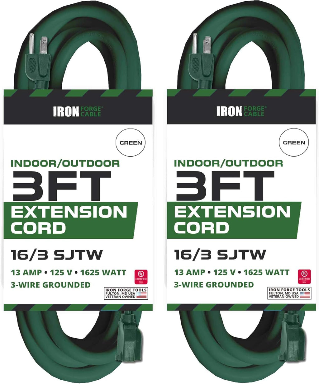 2 Pack 50 Foot Outdoor Extension Cords, 16/3 SJTW Green Cable with 3 Prong Grounded Plug U864