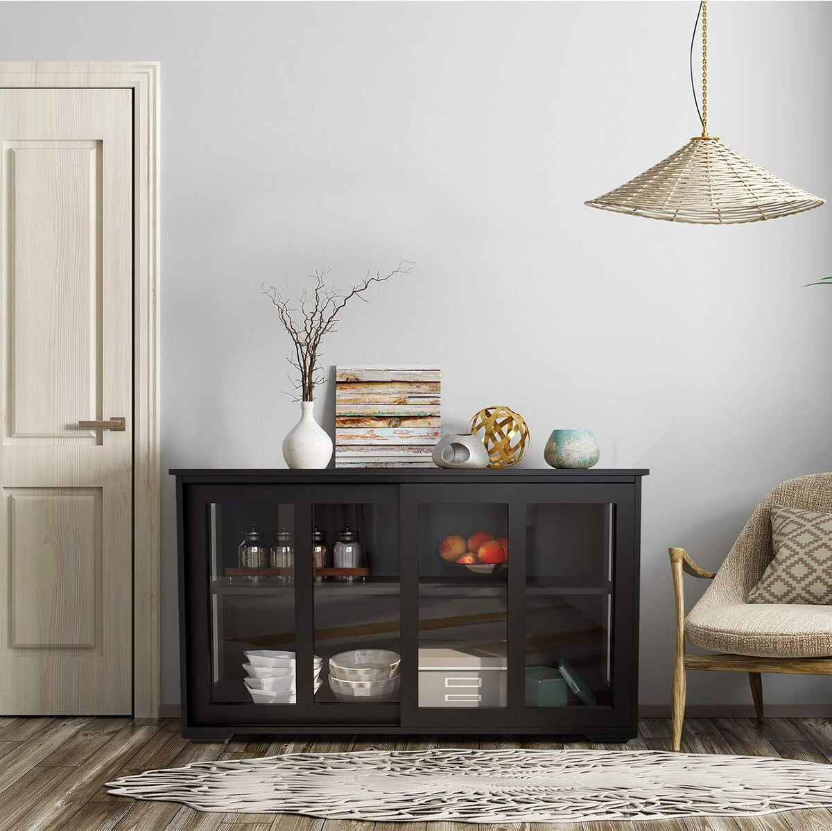 Antique Black Wooden Buffet Sideboard with Sliding Door and Adjustable Shelf N661