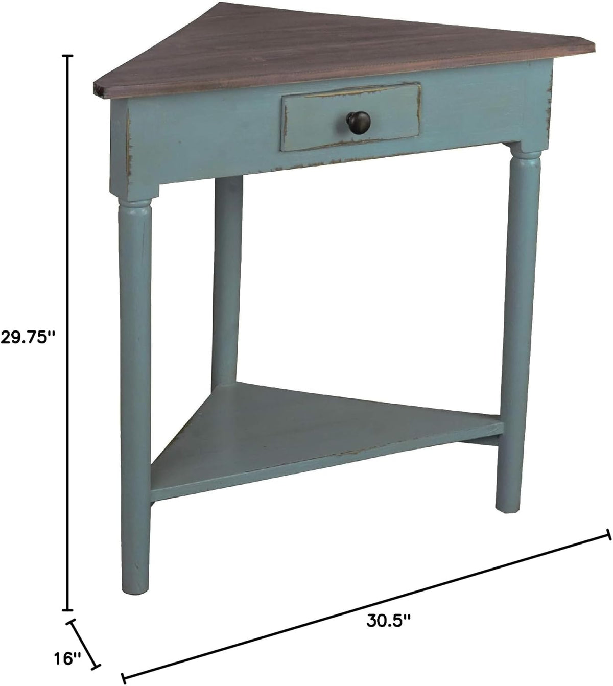 Distressed Beach Blue and Brown Triangular Corner Table with Drawer B6318