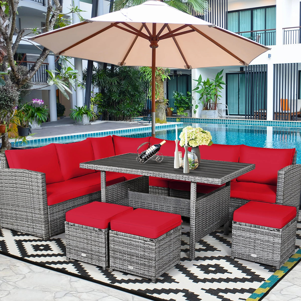 7 Pcs Patio Rattan Dining Set Sectional Sofa Couch Ottoman Black Z49626