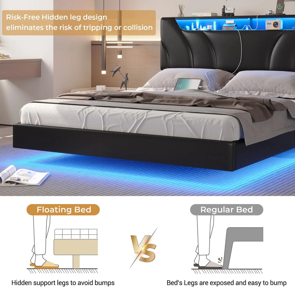 Queen Size Black Upholstered Platform Bed with Storage Headboard X92315