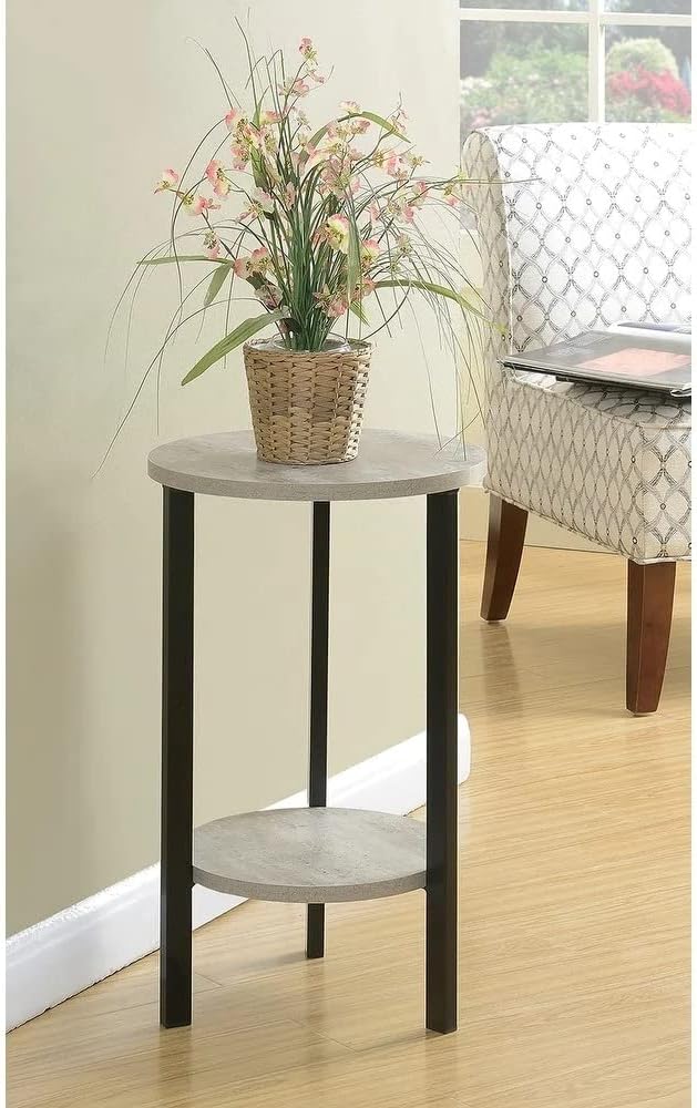 24" Tall Round Rustic End Table with Faux Birch Top, Black Metal Frame K923040