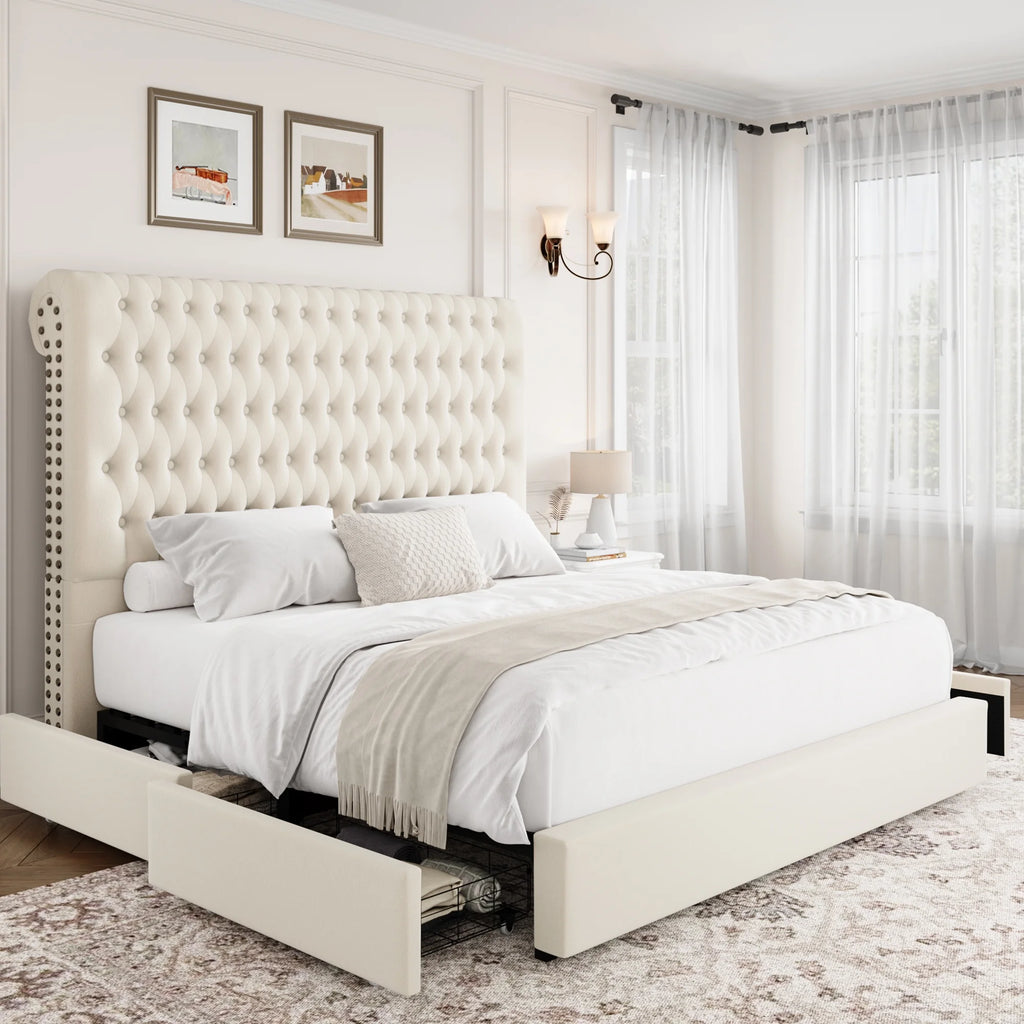 Queen Size Off-white Upholstered Storage Bed Frame with Drawers I70103