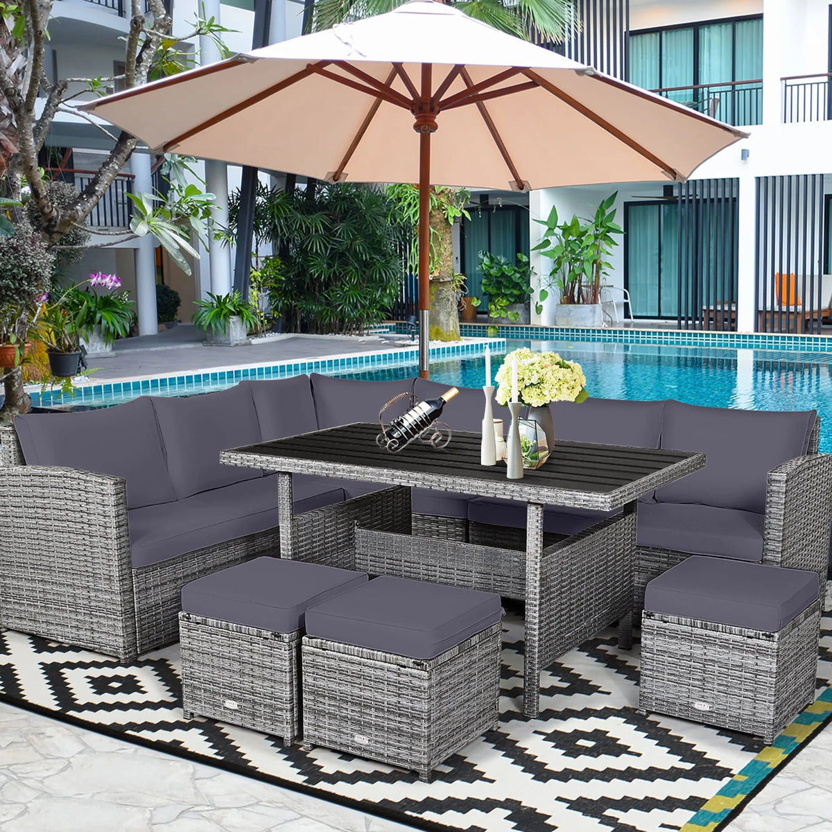 7 Pcs Patio Rattan Dining Set Sectional Sofa Couch Ottoman Black Z49626