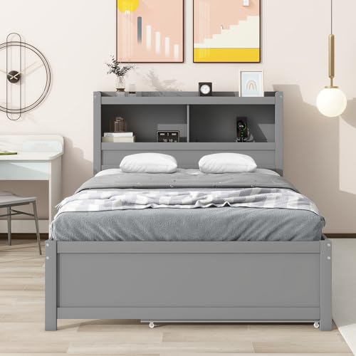 White Full Size Wood Storage Bed with Bookcase Headboard and Trundle C21809