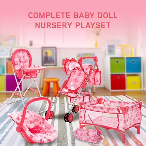 Baby Doll Stroller Bed and Seat Nursery Playset Accessories Furniture Set High Chair Diaper Bag Role Play Deluxe Set I93756
