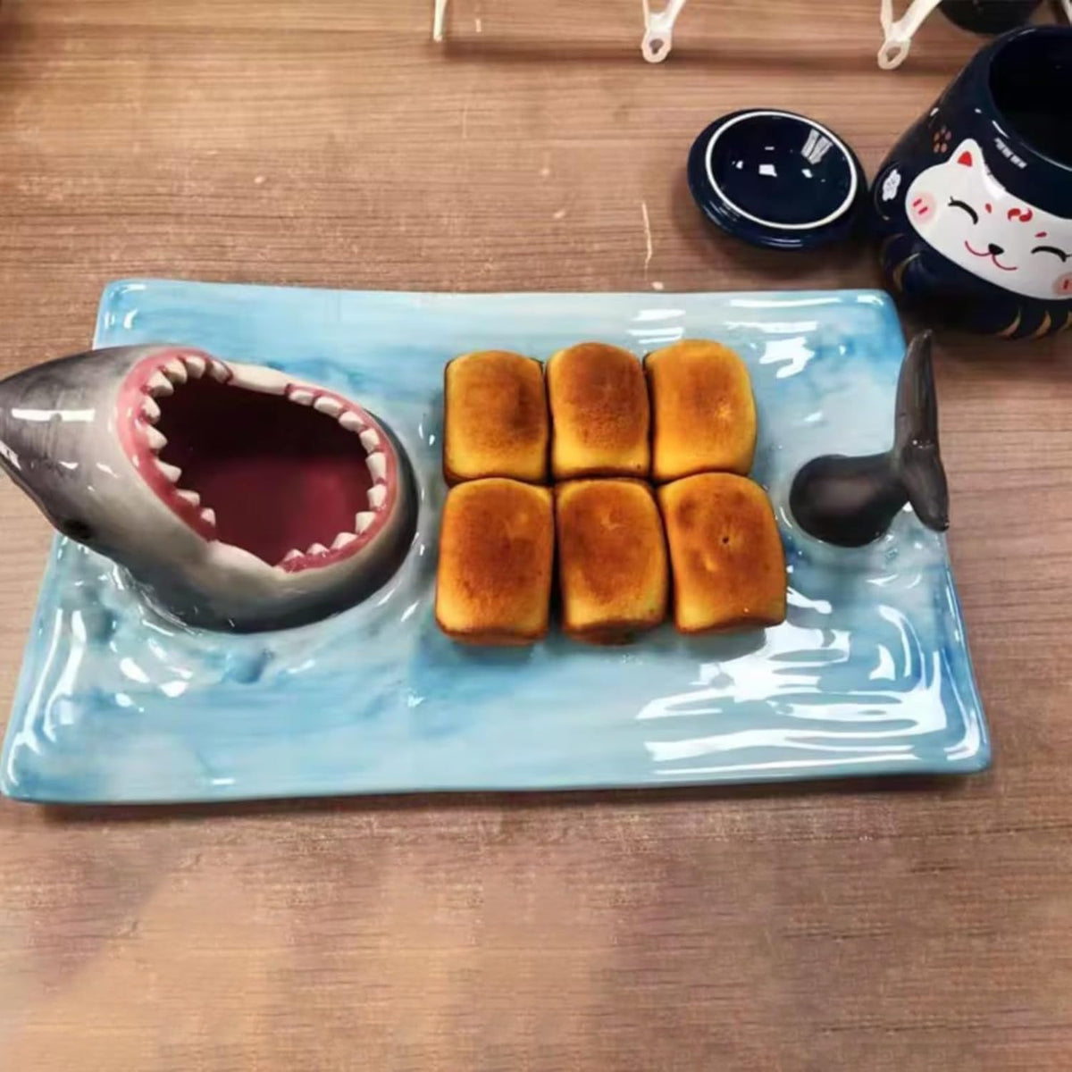 Shark Ceramic Sushi Plate with Soy Sauce Bowl and Chopstick Holder L7256